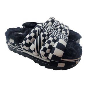 UGG Shoes Womens 9 Multicolor MAXI CHECKS SLIDE Chunky Fur Hippie  1130842